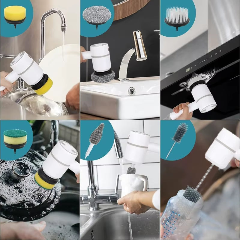 Multifunctional Electric Spin Scrubber Rechargeable with 6 Replaceable Cleaning Brush Heads or Bathroom Kitchen Oven Dish Floor