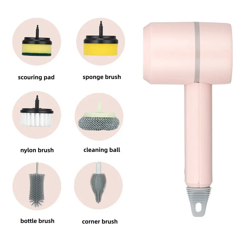 Multifunctional Electric Spin Scrubber Rechargeable with 6 Replaceable Cleaning Brush Heads or Bathroom Kitchen Oven Dish Floor