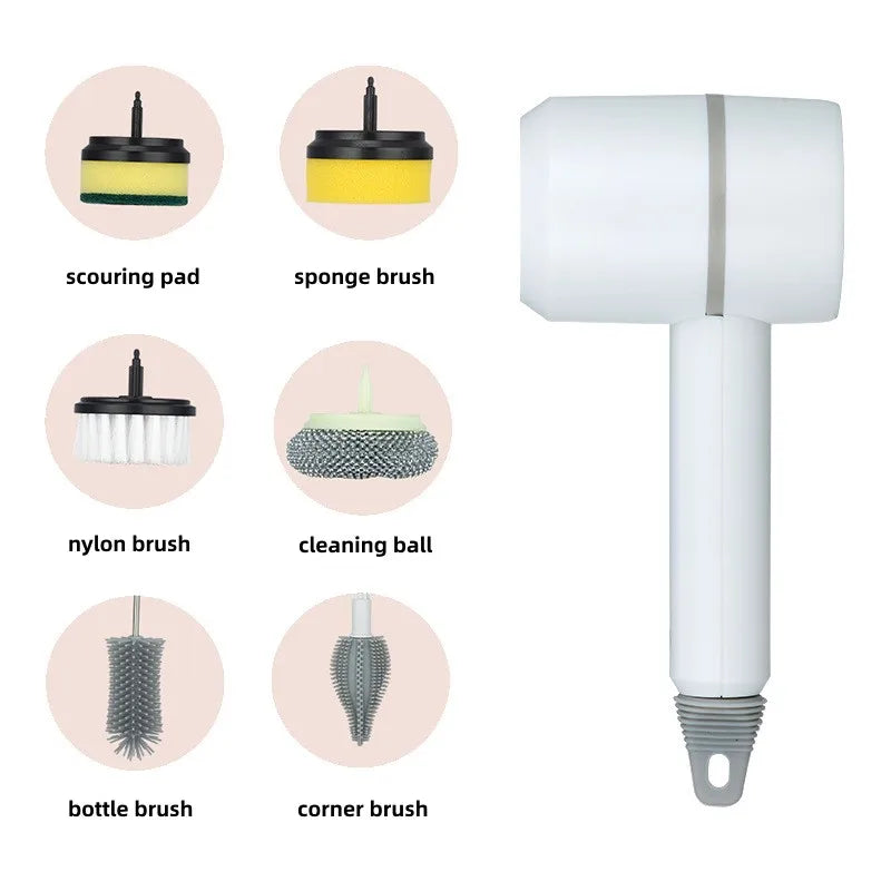 Multifunctional Electric Spin Scrubber Rechargeable with 6 Replaceable Cleaning Brush Heads or Bathroom Kitchen Oven Dish Floor